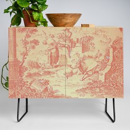 Red Toile Flutist with Peacock Rooster Bull Bird Ram Credenza