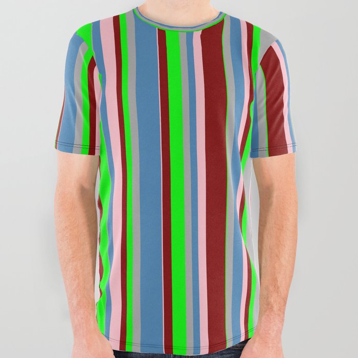 Colorful Dark Grey, Blue, Pink, Maroon, and Lime Colored Lined/Striped Pattern All Over Graphic Tee