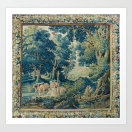 Antique 17th Century Flemish Verdure Lovers Landscape Tapestry Art Print