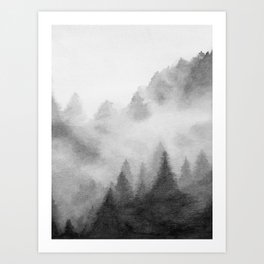 Foggy Forest III - Black White Gray Watercolor Trees Rustic Misty Mountain Winter Nature Art Print Art Print