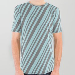 [ Thumbnail: Grey and Powder Blue Colored Lines/Stripes Pattern All Over Graphic Tee ]