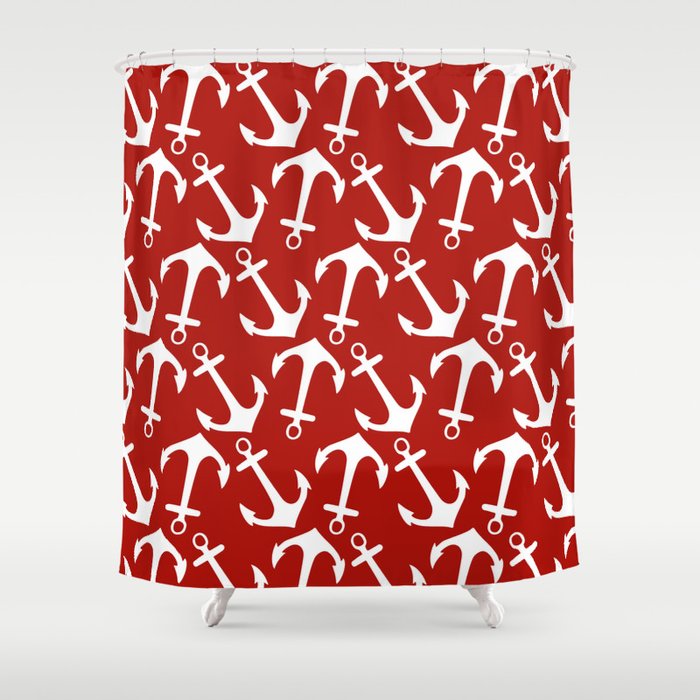 Maritime Nautical Red and White Anchor Pattern - Anchors Shower Curtain