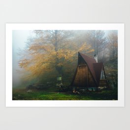 Wooden shack Art Print | Tree, Shack, Photo, Autumn, Shanty, Misty, Trees, Nature, Mountain, Fog 