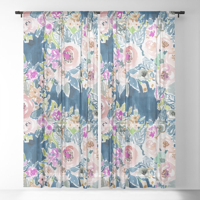 NAVY SO LUSCIOUS Colorful Watercolor Floral Sheer Curtain
