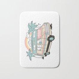 LIVIN' FOR THE WEEKEND Bath Mat | Palmtrees, Campervan, Curated, Sagepizza, Rainbow, Beach, Graphicdesign, California, Goodvibes, Weekend 
