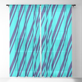 [ Thumbnail: Cyan & Midnight Blue Colored Striped/Lined Pattern Sheer Curtain ]