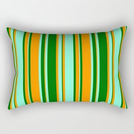 [ Thumbnail: Dark Orange, Dark Green, and Aquamarine Colored Stripes Pattern Rectangular Pillow ]