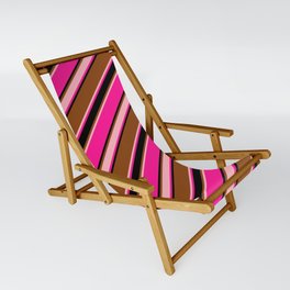 [ Thumbnail: Brown, Light Pink, Deep Pink & Black Colored Stripes/Lines Pattern Sling Chair ]