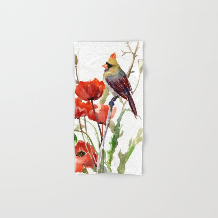 Cardinal Bird And Poppy Flowers Hand & Bath Towel