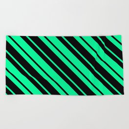 [ Thumbnail: Green and Black Colored Striped Pattern Beach Towel ]