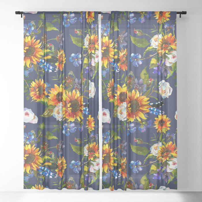 Modern yellow orange blue watercolor sunflower floral pattern Sheer Curtain