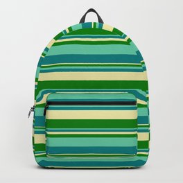 [ Thumbnail: Aquamarine, Teal, Pale Goldenrod, and Green Colored Striped Pattern Backpack ]