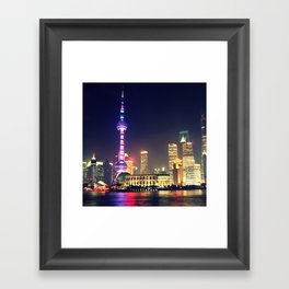 China Photography - Famous Tower In The Lit Up City Of Shanghai Framed Art Print