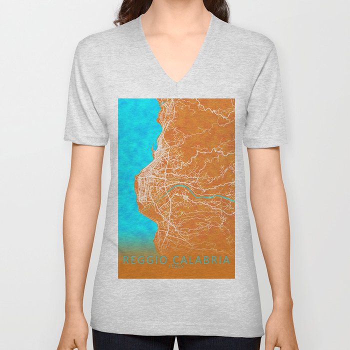 Reggio Calabria, Italy, Gold, Blue, City, Map V Neck T Shirt