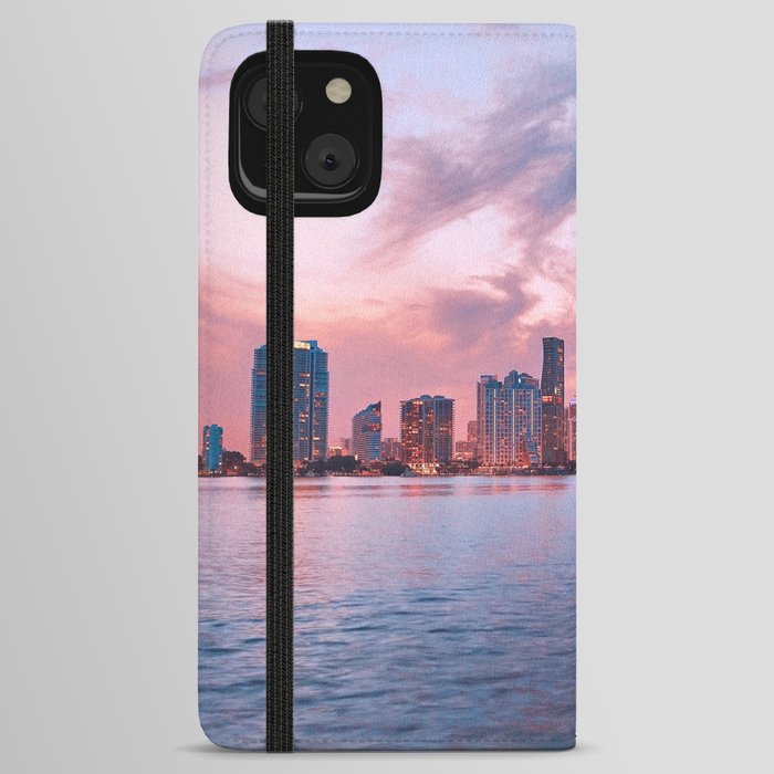 Miami Ocean Views, Pink Sunset Skyline, Waterfront iPhone Wallet Case