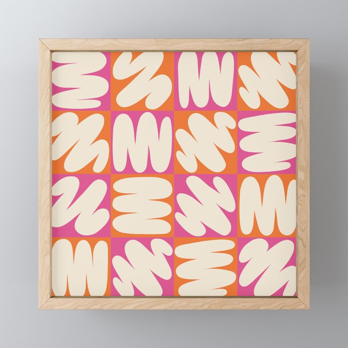 Vibrant Grid Pattern with Abstract Shapes - Modern Bold Design in Pink, Orange and Off Wite Framed Mini Art Print