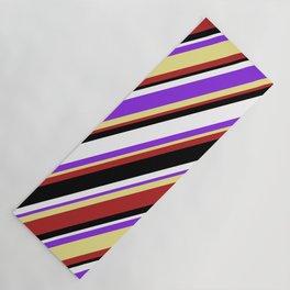 [ Thumbnail: Colorful Purple, Tan, Red, Black & White Colored Stripes Pattern Yoga Mat ]