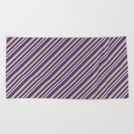 [ Thumbnail: Tan and Dark Slate Blue Colored Lines Pattern Beach Towel ]