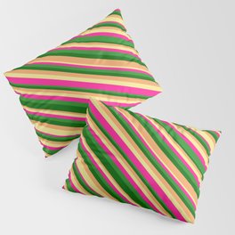 [ Thumbnail: Dark Green, Brown, Tan, Deep Pink, and Forest Green Colored Lines/Stripes Pattern Pillow Sham ]