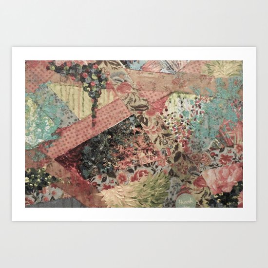 PIECES OF ME - Lovely Muted Pink Black White Floral Stripe Abstract Acrylic Fabric Collage Painting Art Print