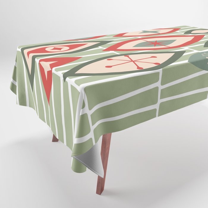 Mid Century Modern Atomic Age Abstract Shapes and Stars Green, Red Tablecloth
