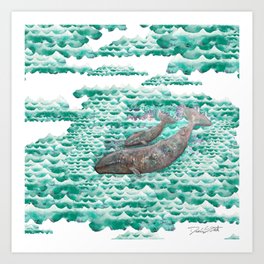 Mama + Baby Gray Whale in Ocean Clouds Art Print