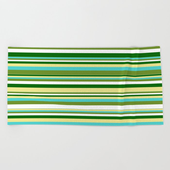 Tan, Turquoise, Green, White, and Dark Green Colored Pattern of Stripes Beach Towel