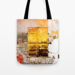 Old Metal Yellow Door on Scratched Wall Tote Bag