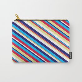 [ Thumbnail: Eyecatching Midnight Blue, Deep Sky Blue, Crimson, Tan, and White Colored Lined Pattern Carry-All Pouch ]