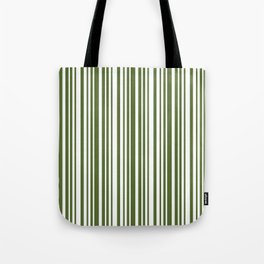 [ Thumbnail: Dark Olive Green & White Colored Stripes Pattern Tote Bag ]