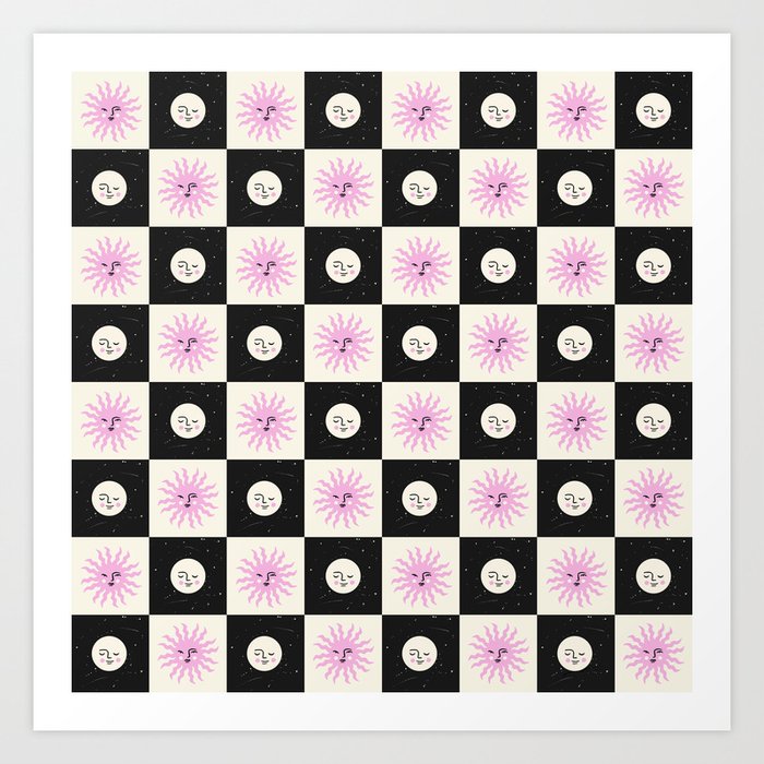 Sun & Moon Checkered Pattern Black & Cream Art Print
