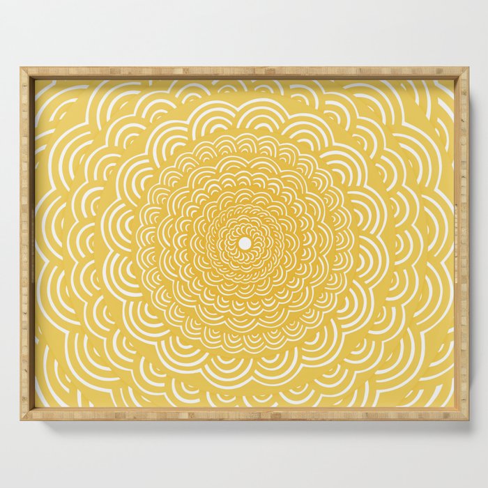 Spiral Mandala (Yellow Golden) Curve Round Rainbow Pattern Unique Minimalistic Vintage Zentangle Serving Tray