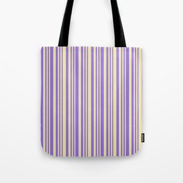[ Thumbnail: Pale Goldenrod and Purple Colored Stripes/Lines Pattern Tote Bag ]