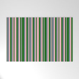 [ Thumbnail: Light Pink, Slate Gray & Dark Green Colored Pattern of Stripes Welcome Mat ]