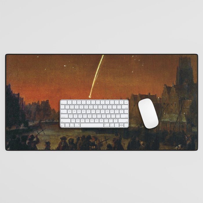 The Falling Star in Red-Orange Night Sky cityscape painting by Lieve Verschuier Desk Mat