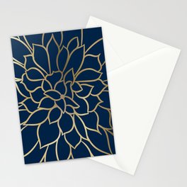 Floral Prints, Line Art, Navy Blue and Gold Stationery Card