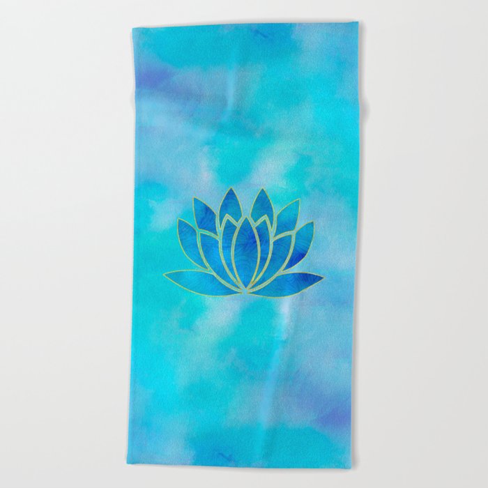 Blue Watercolor Lotus Flower Art Beach Towel