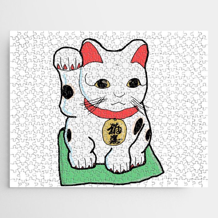 Japanese Woodblock Printing Of  Lucky Cat ,Maneki Neko,Japan,Woodcut,Vintage,Print,Animal,Kawaii, Jigsaw Puzzle