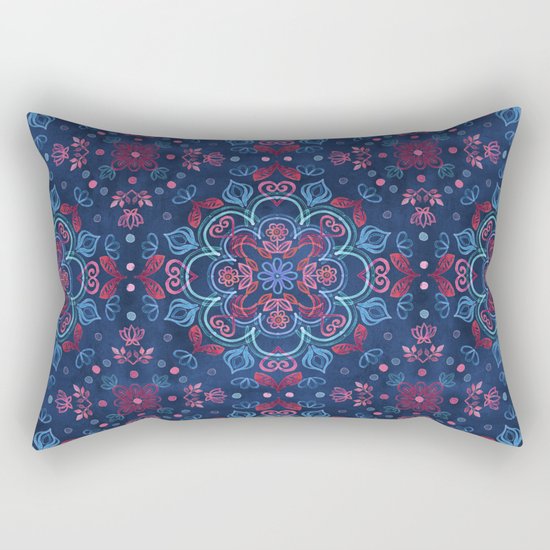 Cherry Red & Navy Blue Watercolor Floral Pattern Rectangular Pillow