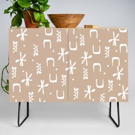 Organic Hieroglyph Abstract Pattern in Buff Camel Beige and White  Credenza