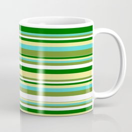 [ Thumbnail: Tan, Turquoise, Green, White, and Dark Green Colored Pattern of Stripes Coffee Mug ]