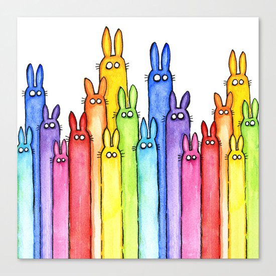 Bunny Rainbow Bunnies Rabbit Watercolor Pattern Whimsical Colorful Animals Canvas Print