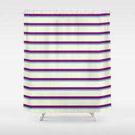 [ Thumbnail: Aquamarine, Beige & Purple Colored Lined Pattern Shower Curtain ]