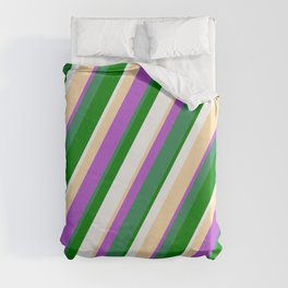 [ Thumbnail: Tan, Orchid, Sea Green, Green & White Colored Stripes/Lines Pattern Duvet Cover ]