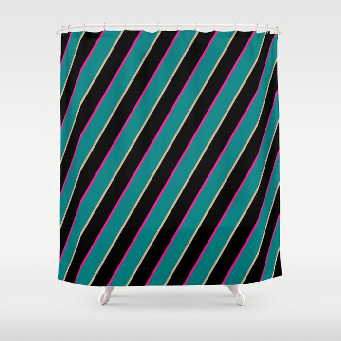Deep Pink, Teal, Tan, and Black Colored Stripes/Lines Pattern Shower Curtain