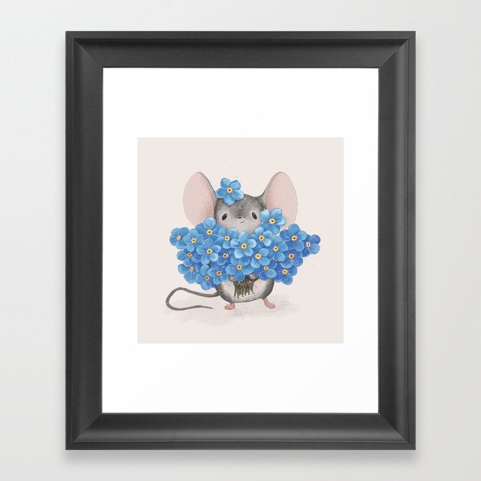 Sweet mousy with a bouquet of forget-me-nots Framed Art Print