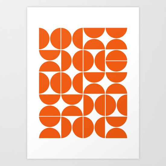 Linocut Mid Century Modern Art Print Bright Orange and White Squares 8x10