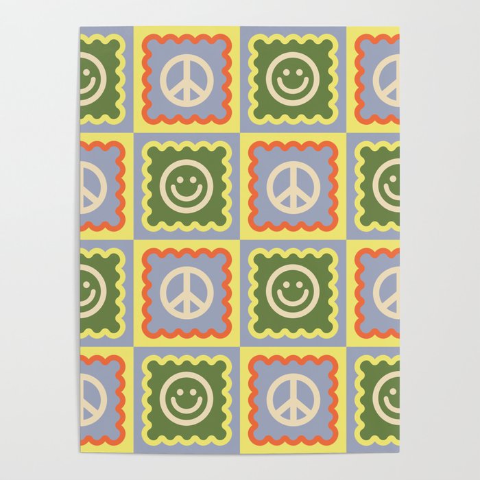 Funky Checkered Smileys and Peace Symbol Pattern \\ Multicolor Poster