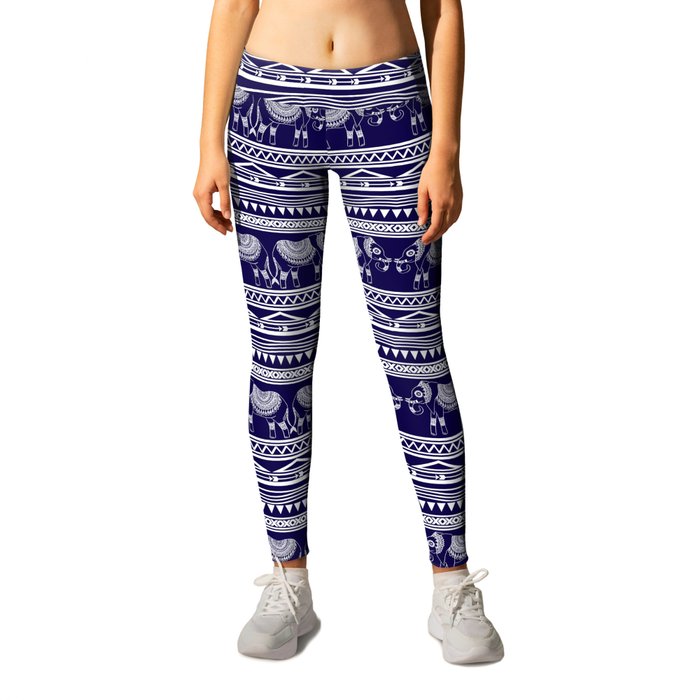 White and Navy Blue Elephant Pattern Leggings by Julie Erin