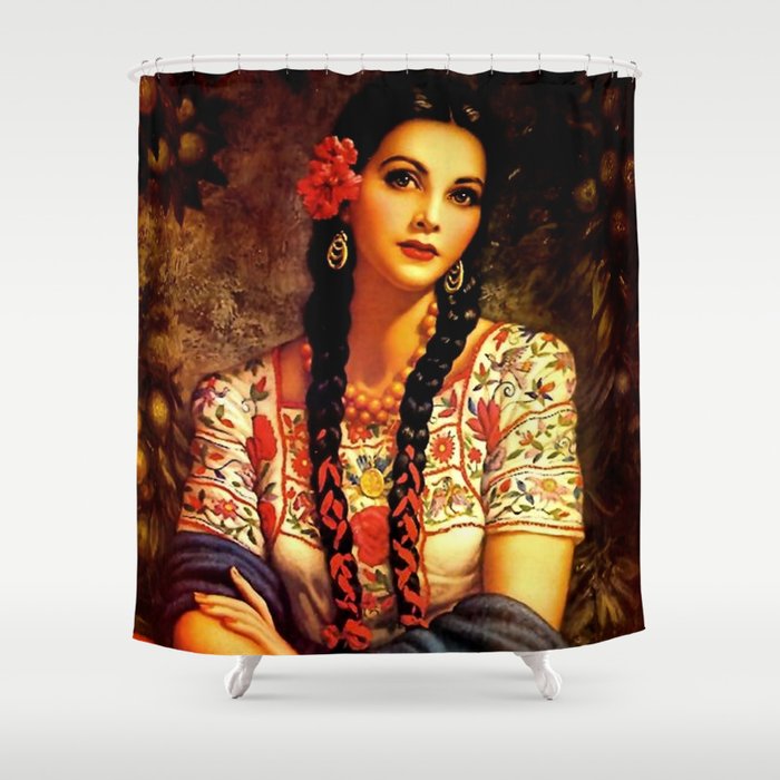 Jesus Helguera Painting Of A Mexican Calendar Girl With Braids Shower Curtain By Patriciannek
